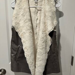 Christopher & Banks Cream and Gray Vest with Faux Fur Lining